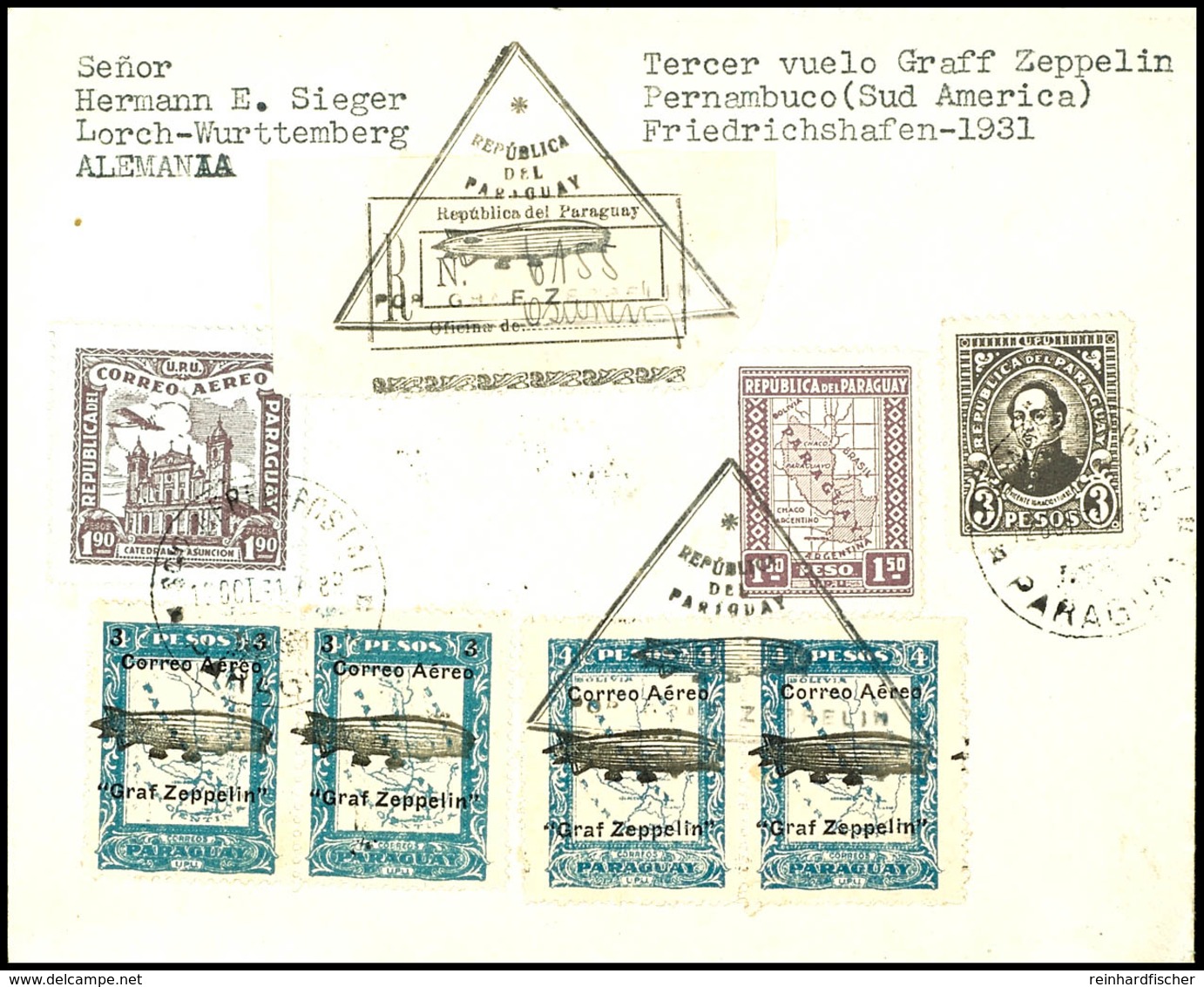 7087 1931, 3. Südamerikafahrt, Paraguayische Post, R-Brief Mit U.a. Jeweils Waagerechtem Paar Zeppelinmarken 3 P. Auf 4  - Andere & Zonder Classificatie