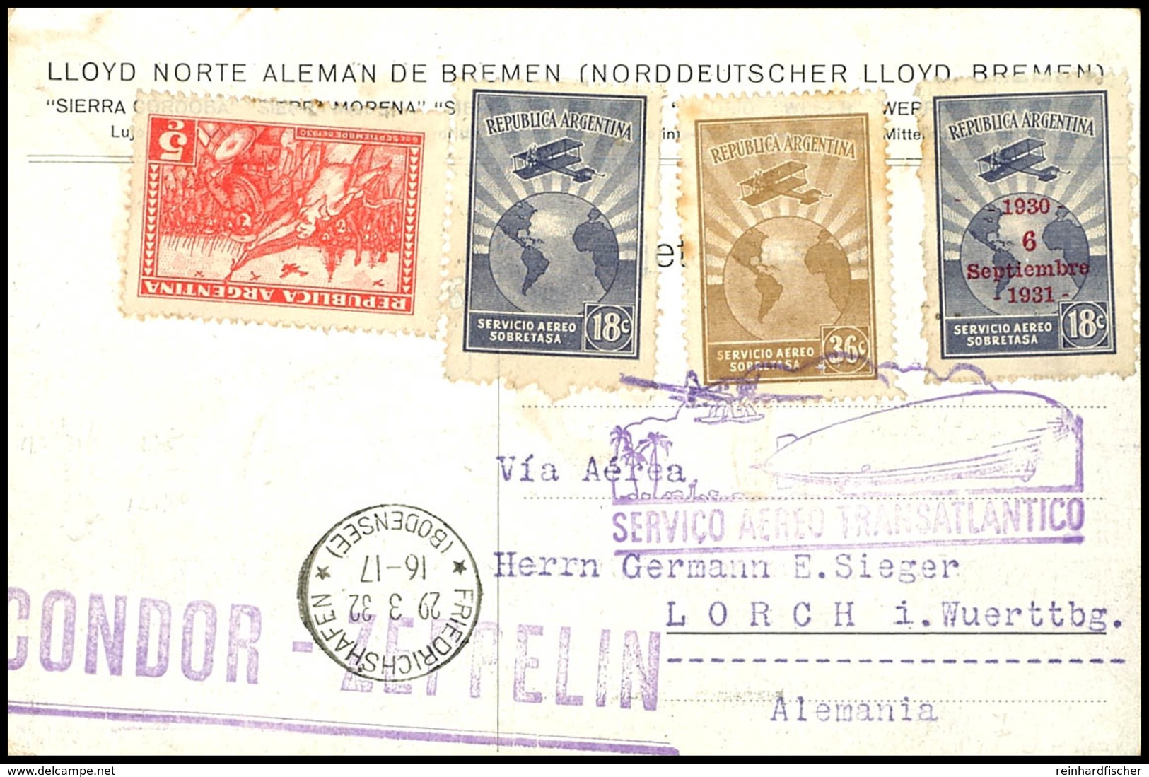 7089 1932, 1. Südamerikafahrt, Argentinische Post Mit Brasil. Best.-Stempel, Frankierte Karte Ohne Aufgabestempel, Aber  - Andere & Zonder Classificatie