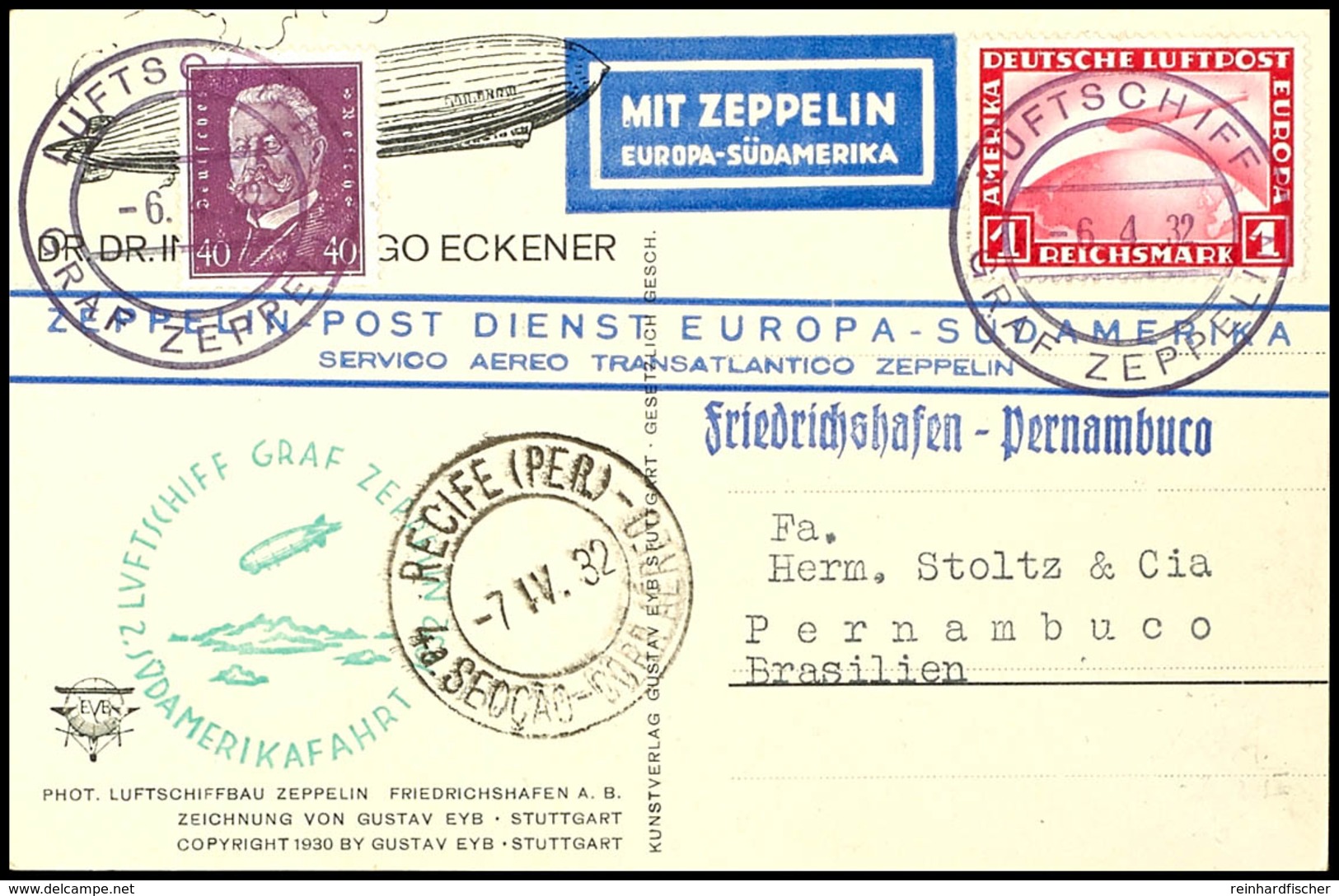 7091 1932, 2. Südamerikafahrt, Bordpost Vom 6.4. Bis Recife, Eckener-Vordruckkarte Mit U.a. 1 RM Zeppelin Und Allen Stem - Sonstige & Ohne Zuordnung