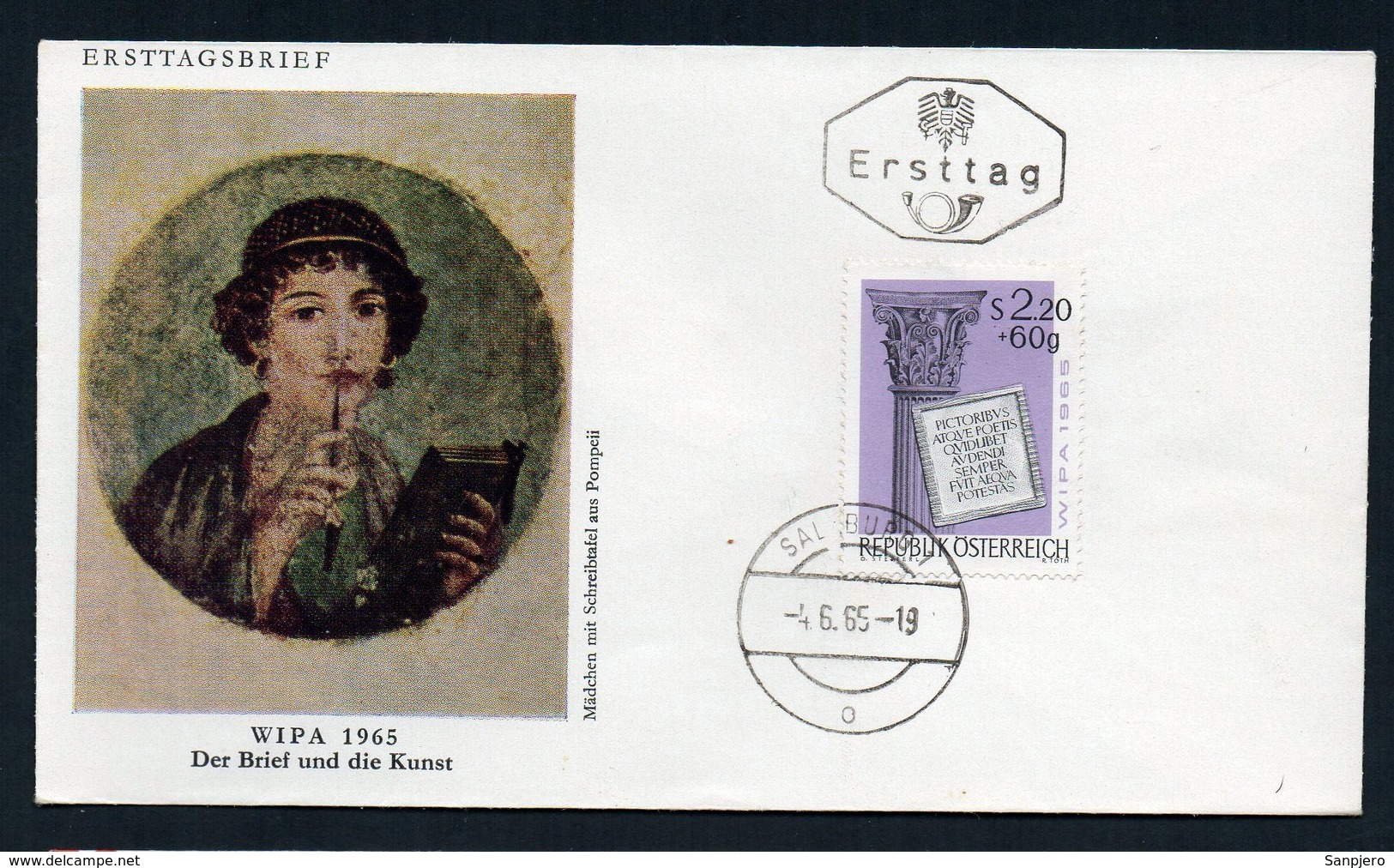 AUSTRIA FDC ERSTTAG WIPA 1965 DER BRIEF UND DIE KUNST (POMPEII) - FDC