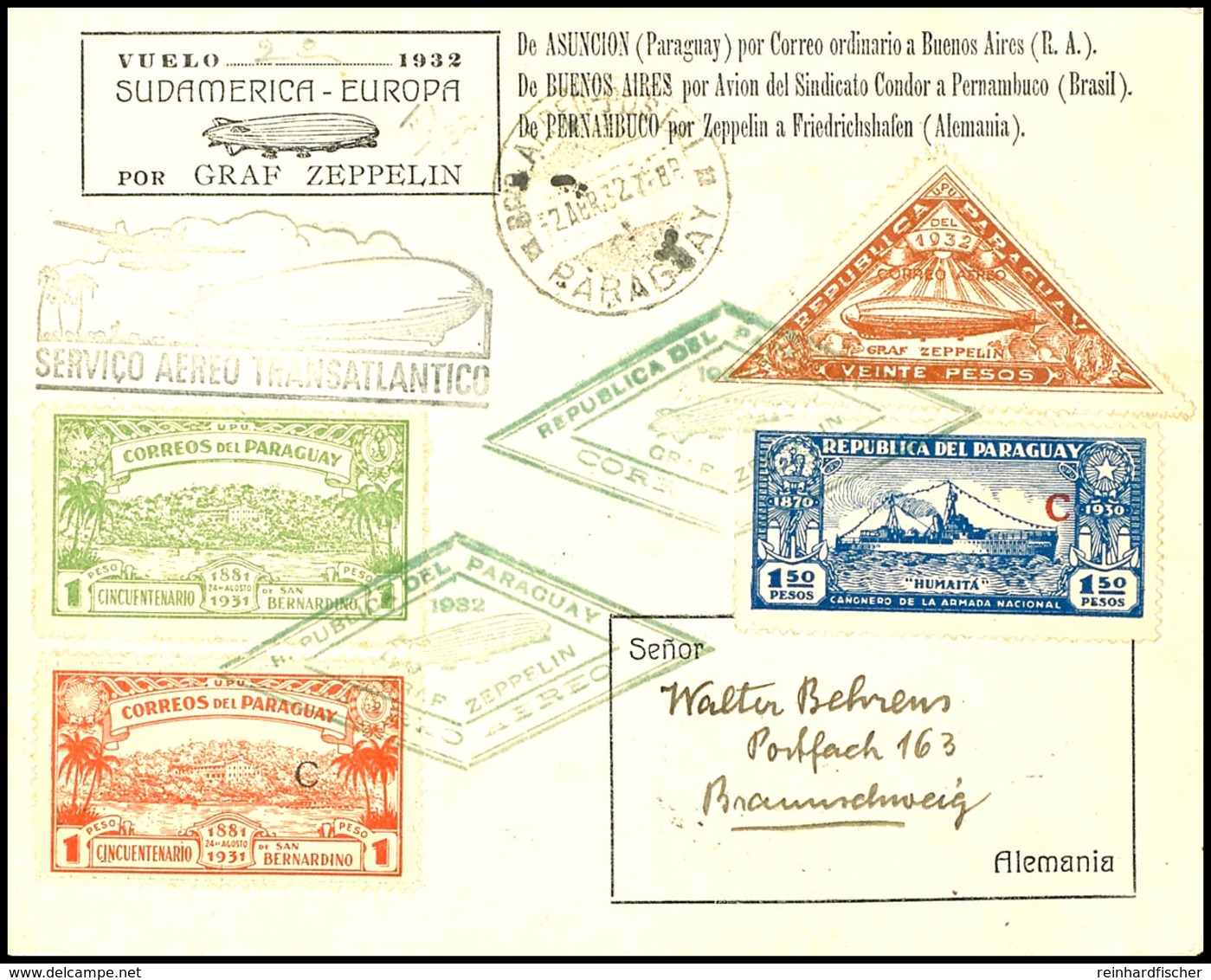 7093 1932, 2. Südamerikafahrt, Paraguayische Post, R-Brief Mit U.a. 20 P. Zeppelinmarke Sowie Allen Stempeln Nach Deutsc - Sonstige & Ohne Zuordnung