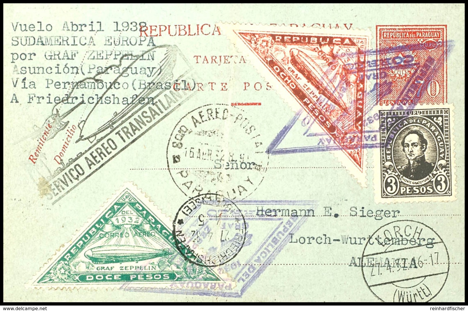 7095 1932, 3. Südamerikafahrt, Paraguayische Post, R-Ganzsachenkarte Mit U.a. 8 P. Und 12 P. Zeppelinmarken Sowie Brasil - Other & Unclassified