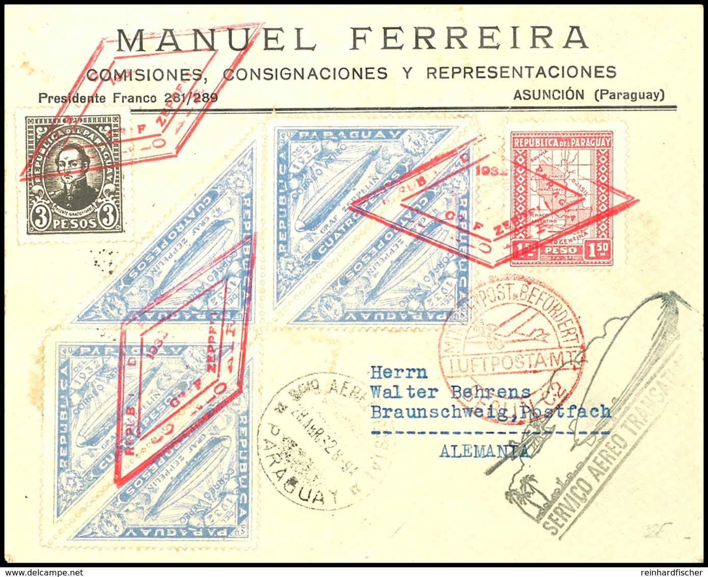 7099 1932, 4. Südamerikafahrt, Paraguayische Post, R-Brief Mit U.a. Fünf Werten 4. Zeppelinmarke Mit Rotem Best.-Stempel - Andere & Zonder Classificatie