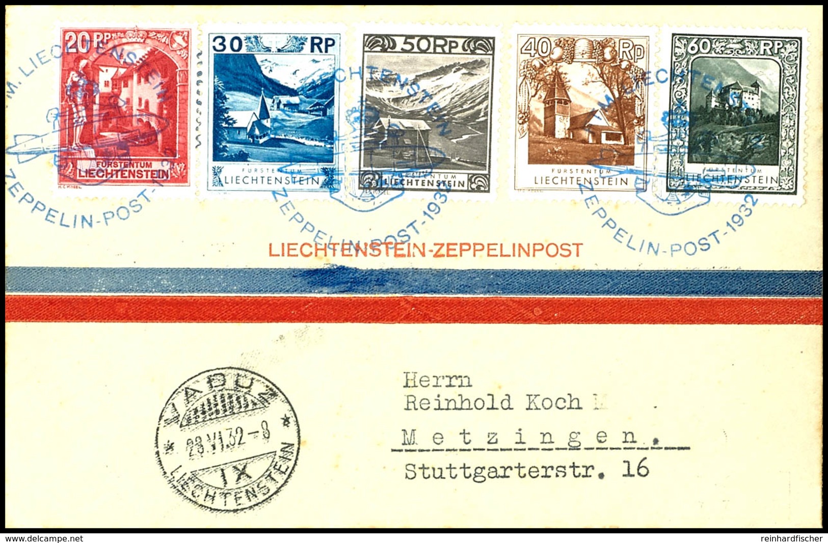 7102 1932, Schweizfahrt - 250. Fahrt, Liechtensteinische Post, Vordruckbrief Mit Fünf Verschiedenen Werten Nach Metzinge - Andere & Zonder Classificatie