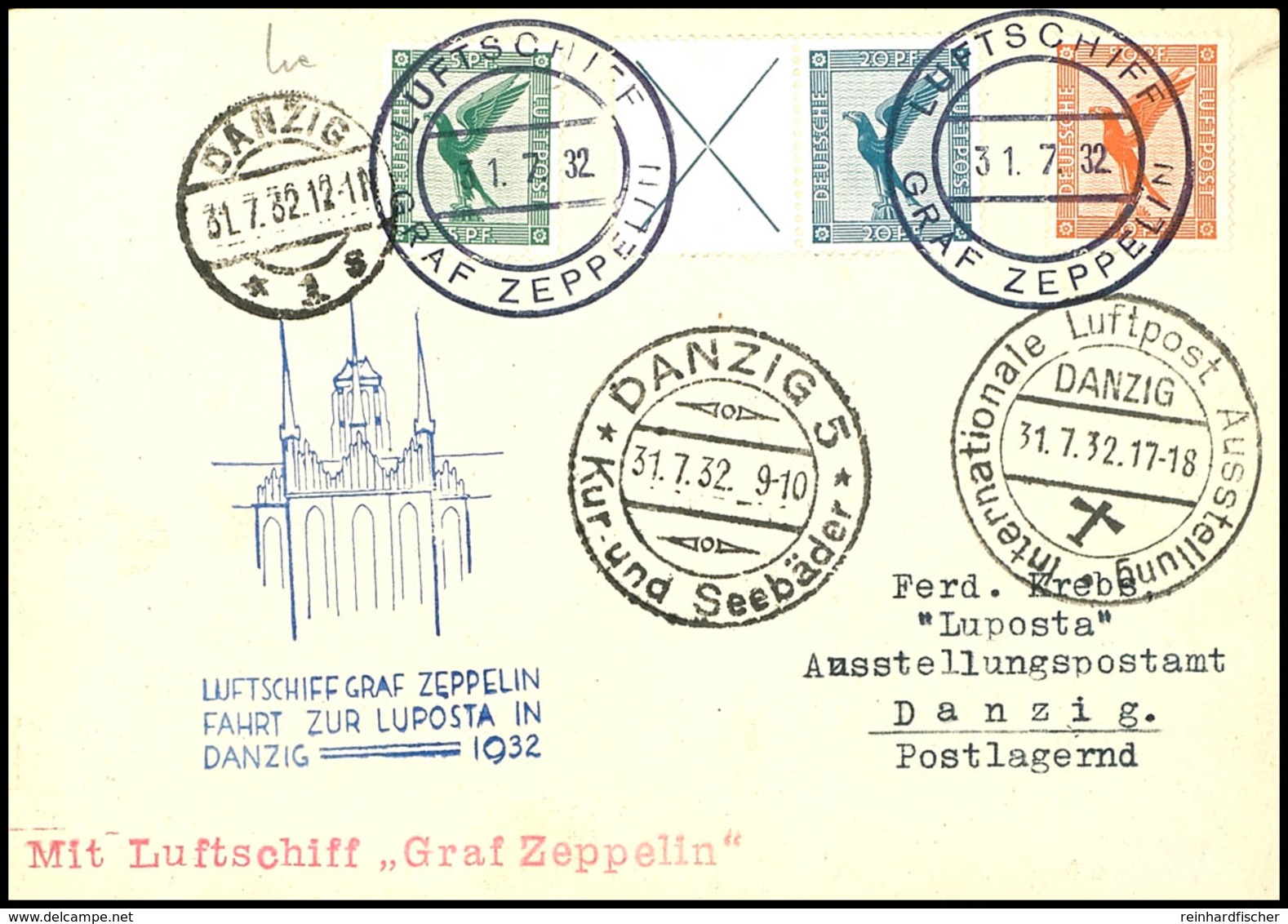 7106 1932, Lupostafahrt, Bordpost Bis Danzig, Karte Mit U.a. Flugpost-Zusammendruck X + 20 Pfg. (Mi.-Nr. W 21.1.), Alle  - Other & Unclassified