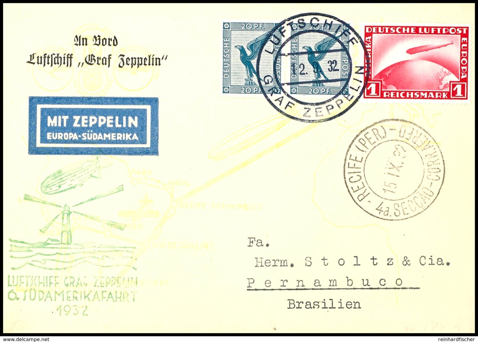 7119 1932, 6. Südamerikafahrt, Bordpost Vom 12.9. Bis Recife, Karte Mit U.a. 1 RM Zeppelin, Tadellos, Katalog: Si.177Ab  - Sonstige & Ohne Zuordnung