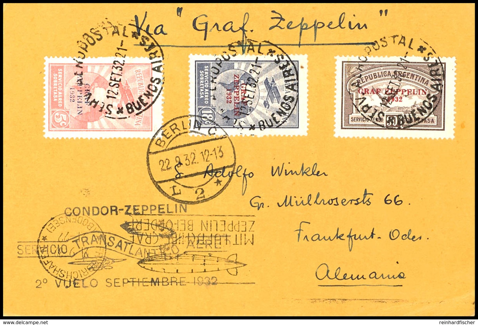 7121 1932, 6. Südamerikafahrt, Argentinische Post, Karte Mit Kpl. Satz Zeppelin 1932 Und Allen Stempeln Nach Deutschland - Sonstige & Ohne Zuordnung