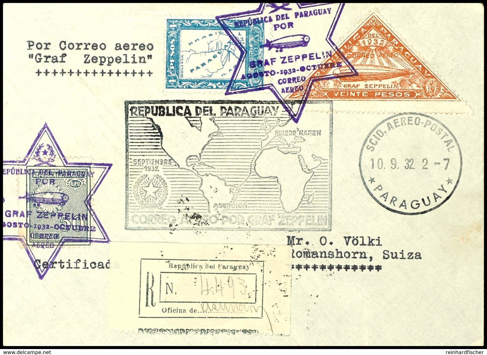 7123 1932, 6. Südamerikafahrt, Paraguayische Post, R-Brief Mit U.a. 20 P. Zeppelinmarke Sowie Allen Stempeln In Die Schw - Other & Unclassified