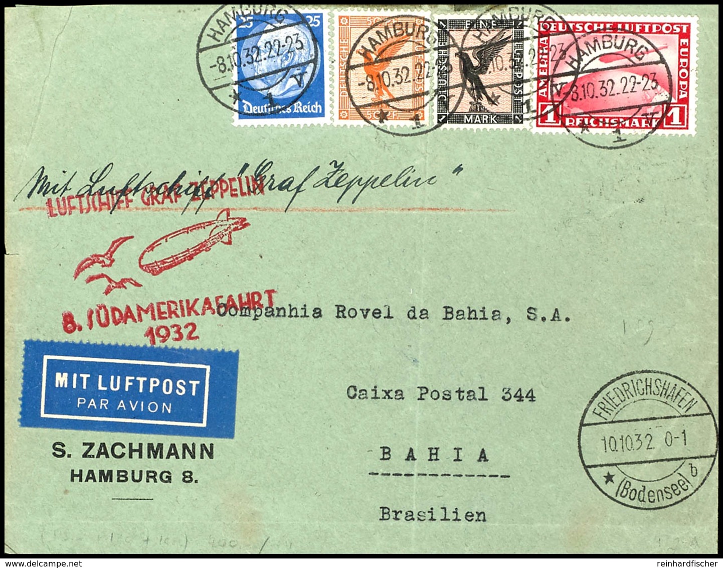 7126 1932, 8. Südamerikafahrt Mit Auflieferung Friedrichshafen, Vordruckbrief Aus HAMBURG 8.10. Mit U.a. 1 RM Zeppelin N - Andere & Zonder Classificatie
