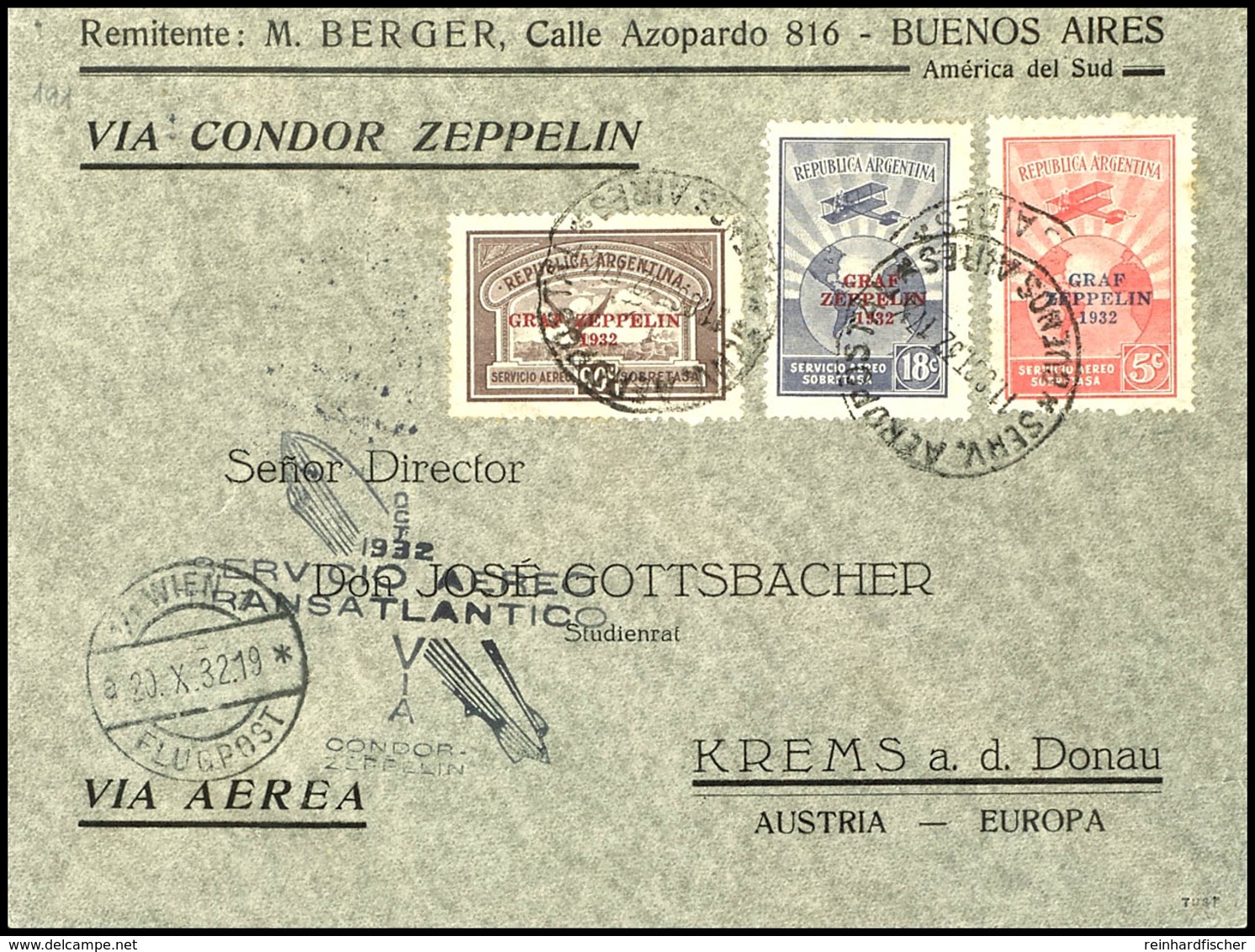 7128 1932, 8. Südamerikafahrt, Argentinische Post, Brief Mit Kpl. Zeppelinsatz 1932 Und Allen Stempeln Nach Deutschland, - Other & Unclassified