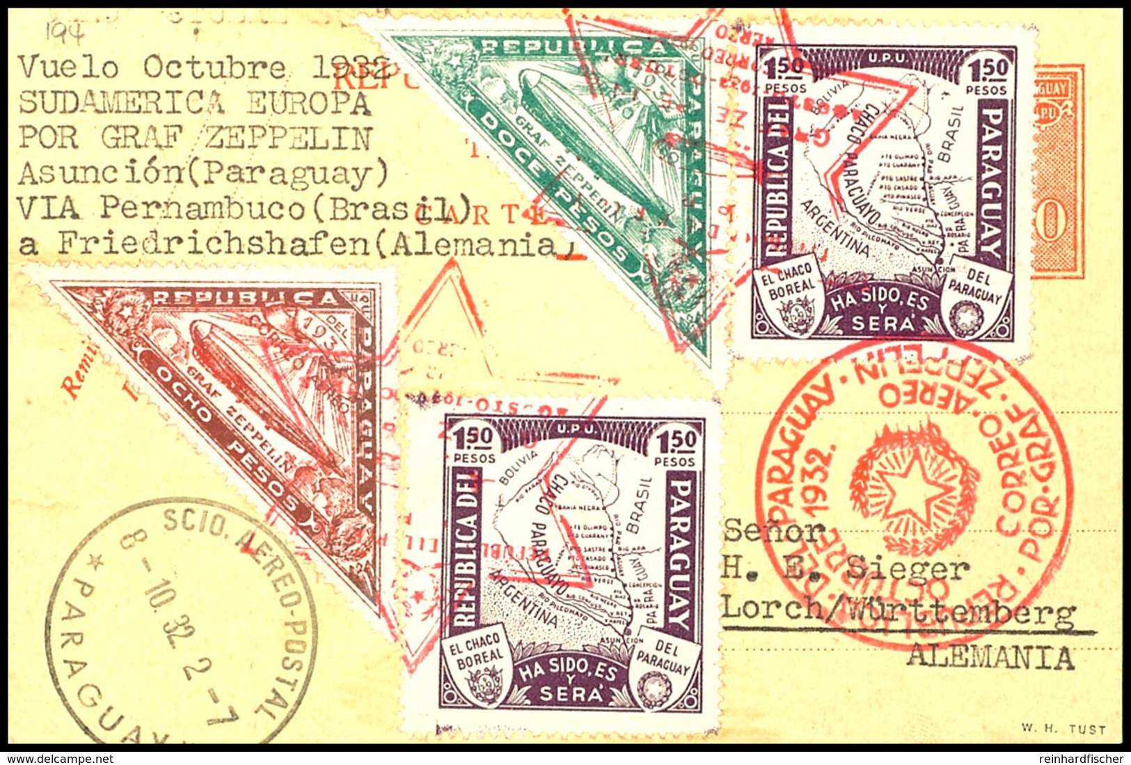 7129 1932, 8. Südamerikafahrt, Paraguayische Post, R-Ganzsache Mit U.a. 8 P. Und 12 P. Zeppelinmarken Sowie Allen Stempe - Sonstige & Ohne Zuordnung