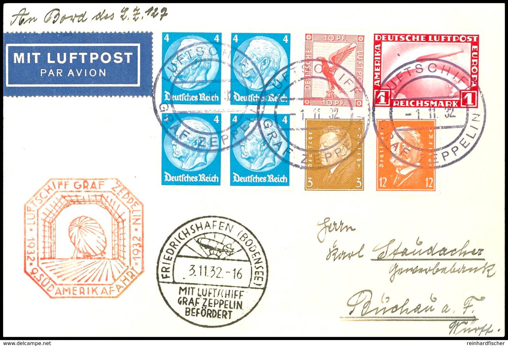 7131 1932, 9. Südamerikafahrt, Bordpost Der Rückfahrt Vom 1.11., Karte Mit U.a. 1 RM Zeppelin, Alle Stempel Vorderseitig - Sonstige & Ohne Zuordnung