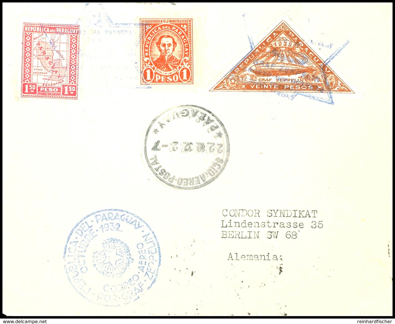 7132 1932, 9. Südamerikafahrt, Paraguayische Post, Brief Mit U.a. 20 P. Zeppelinmarke Sowie Allen Stempeln Nach Deutschl - Andere & Zonder Classificatie