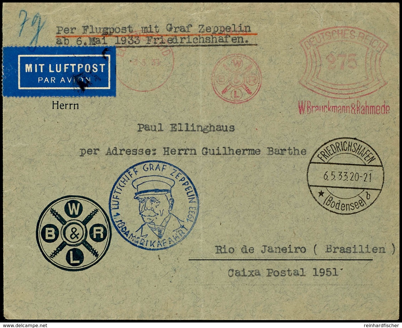 7133 1933, 1. Südamerikafahrt, Auflieferung Friedrichshafen, Firmenvordruckbrief Mit 275 Pfg. Absenderfreistempel Der Fa - Andere & Zonder Classificatie