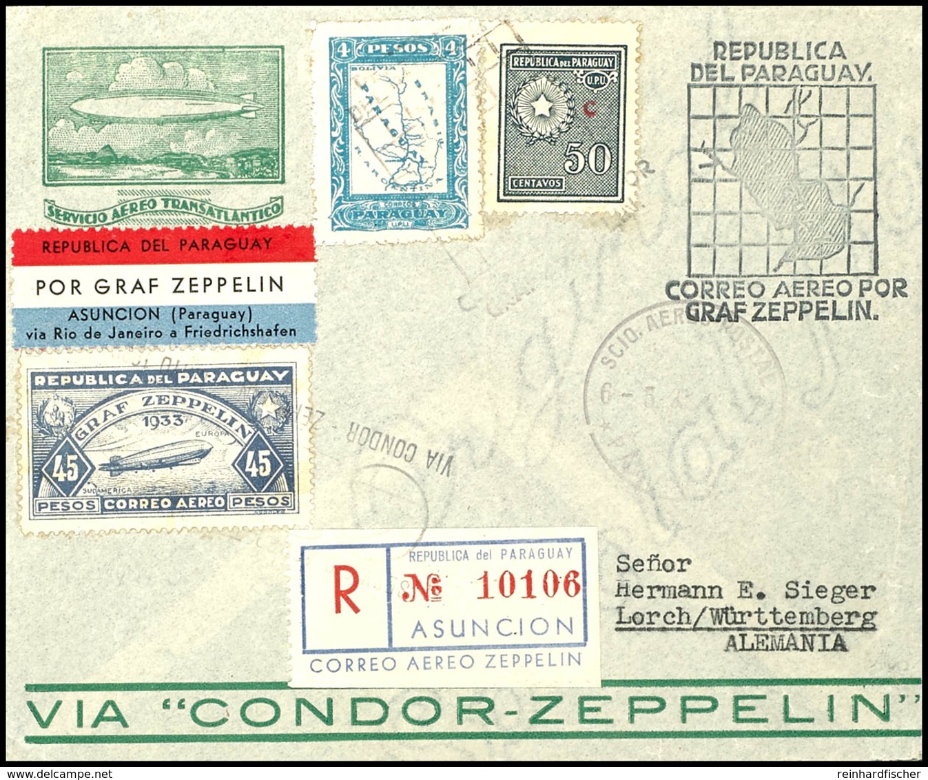 7136 1933, 1. Südamerikafahrt, Paraguayische Post, R-Brief Mit U.a. 45 P. Zeppelinmarke Sowie Allen Stempeln Nach Deutsc - Other & Unclassified