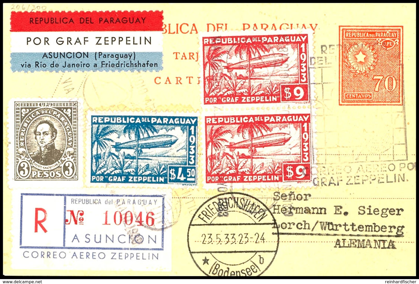 7137 1933, 1. Südamerikafahrt, Paraguayische Post, R-Ganzsache Mit U.a. 4,50 P Und 9 P. (2) Zeppelinmarken Sowie Allen S - Andere & Zonder Classificatie