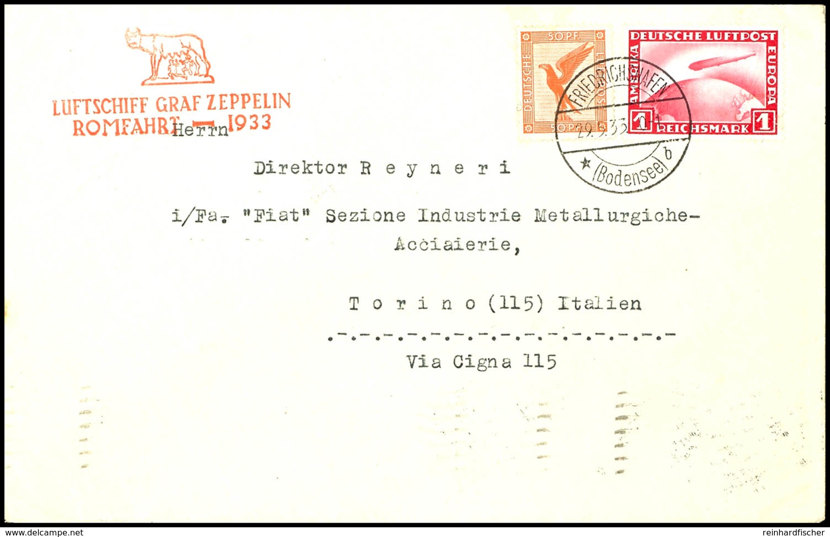 7139 1933, Italienfahrt, Abgabe Rom Mit Auflieferung Friedrichshafen, Brief Mit U.a. 1 RM Zeppelin Und Rückseitigem Masc - Andere & Zonder Classificatie