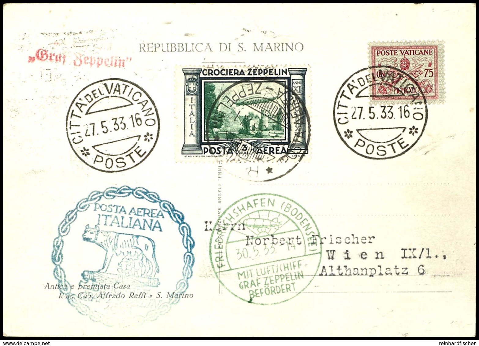 7142 1933, Italienfahrt, Vatikanpost Mit Mischfrankatur Italien Und Abwurf Rom, Karte Aus CITTA DEL VATICANO 27.5. Mit 7 - Other & Unclassified