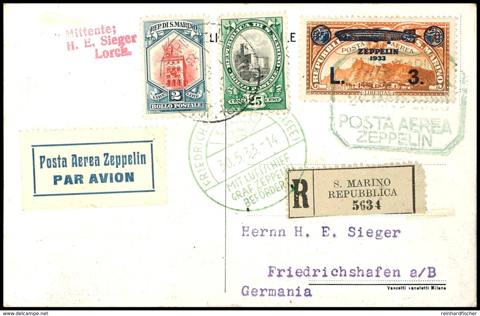 7143 1933, Italienfahrt, San Marino Post Mit Postsonderstempel CITTA, R-Karte Mit U.a. 3 L. Zeppelinmarke Und Allen Stem - Other & Unclassified