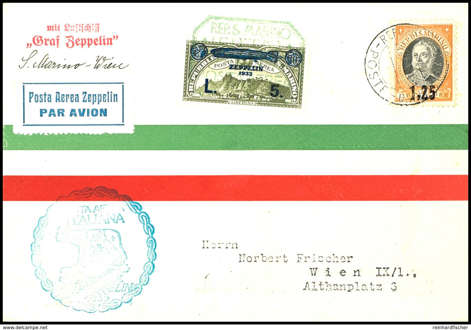 7144 1933, Italienfahrt, San Marino-Post, Brief Ab CITTA Mit U.a. 5 L. Zeppelin Via Rom Mit Ital. Bestästigungsstempel I - Other & Unclassified