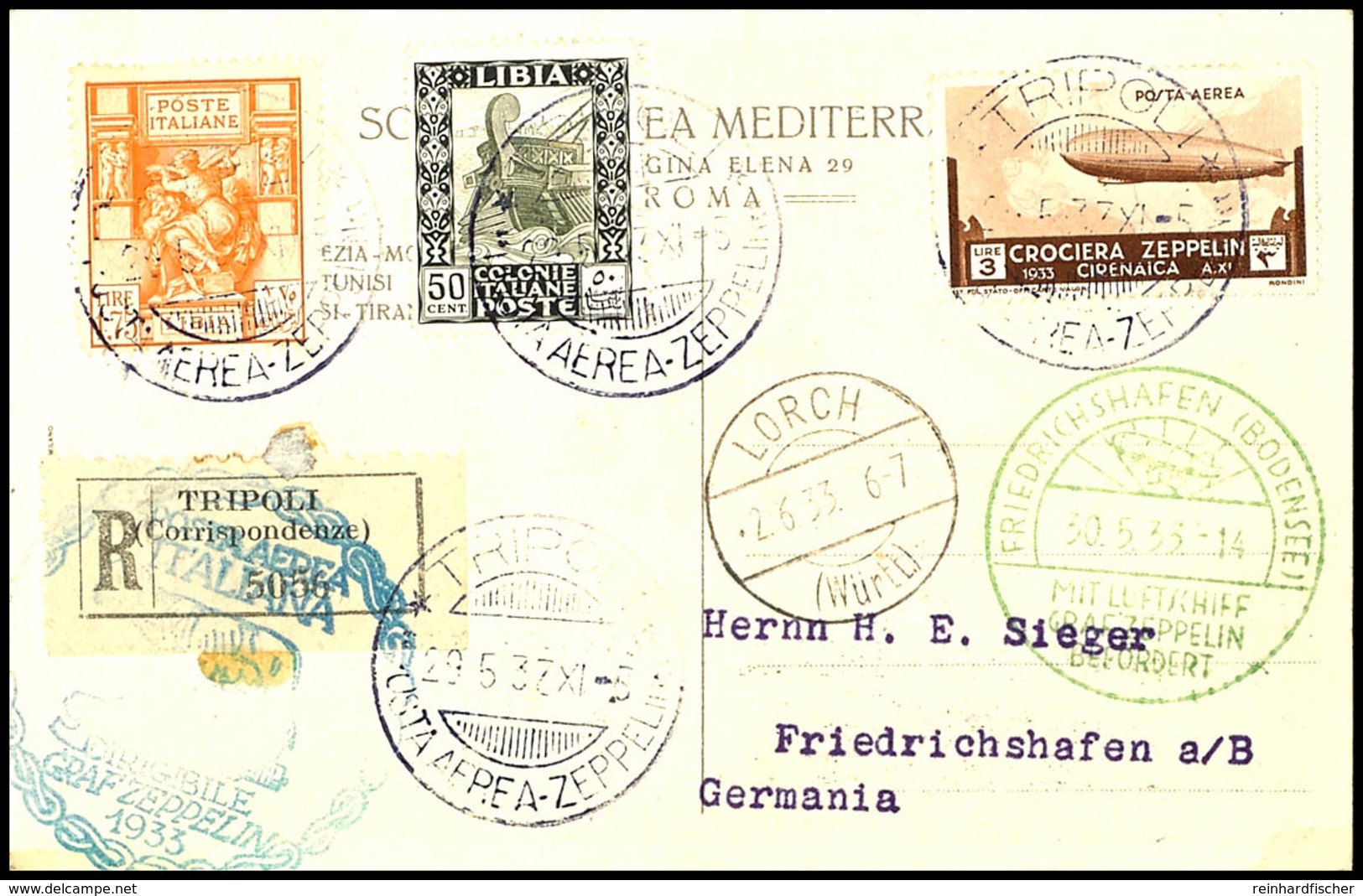 7147 1933, Italienfahrt, Cyrenaica-Post, R-Karte Aus TRIPOLI 29.5. Mit U.a. 3 L. Zeppelinmarke Und Allen Stempeln Nach D - Other & Unclassified