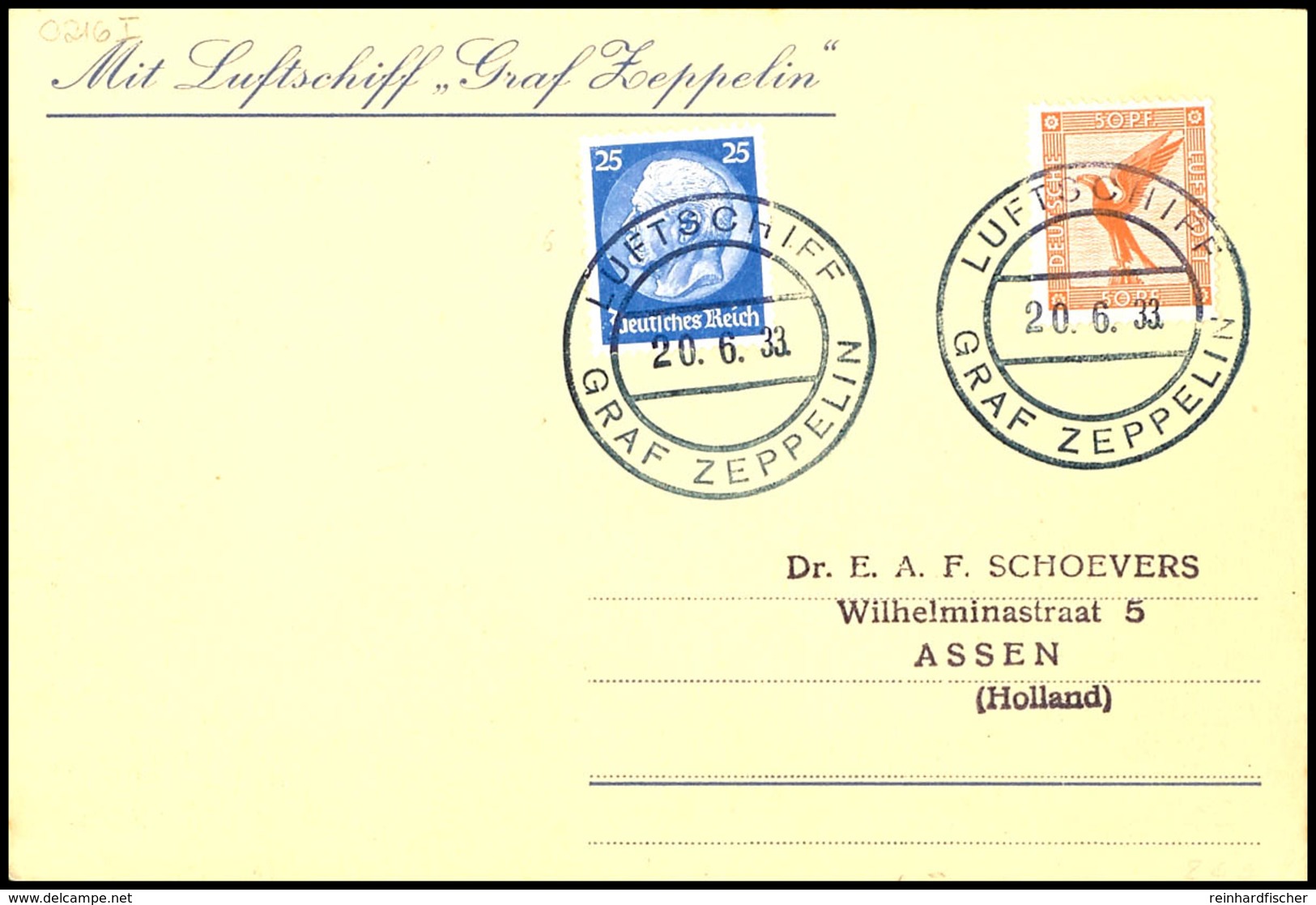 7149 1933, Kurzfahrt In Die Schweiz, Bordpost Vom 20.6. Auf Karte Mit 50 Pfg. Adler Und 25 Pfg. Hindenburg, Adressiert N - Other & Unclassified