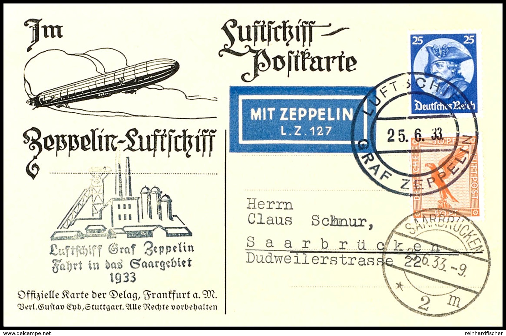 7150 1933, Saargebietsfahrt, Bordpost Der Hinfahrt Vom 25.6., Delag-Karte Mit 50 Pfg. Adler Und 25 Pfg. Friedrich Der Gr - Andere & Zonder Classificatie