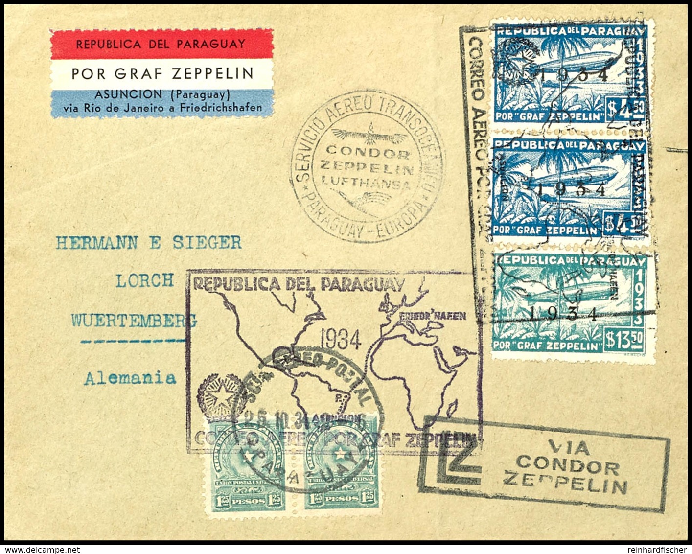 7214 1934, 11. Südamerikafahrt, Paraguayische Post, Brief Mit U.a. 4,50 P. (2) Und 13,50 P. Zeppelinmarken 1934 Sowie Al - Other & Unclassified