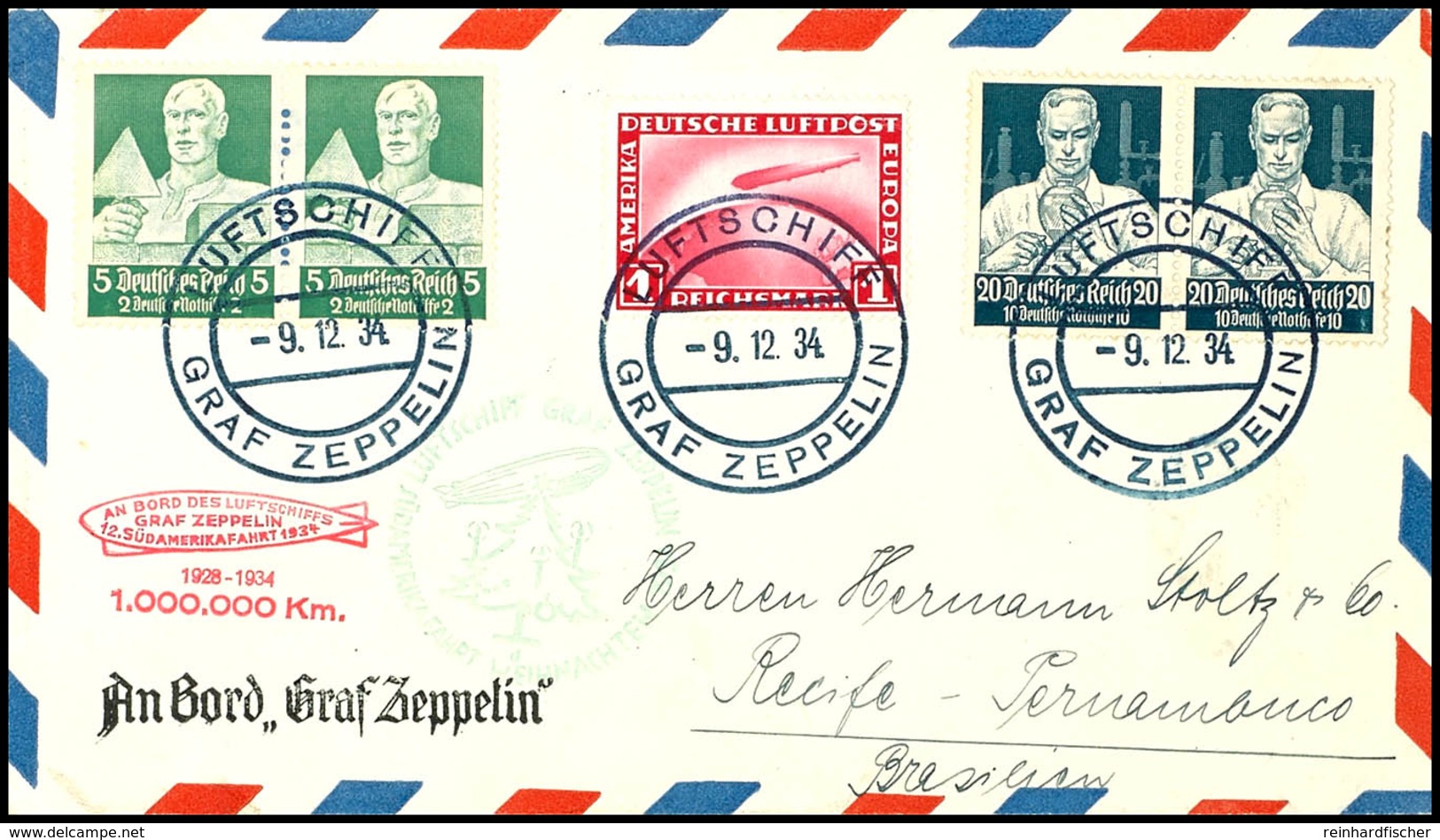 7215 1934, 12. Südamerikafahrt, Bordpost Vom 9.12., Brief Mit U.a. 1 RM Zeppelin Und Paar 20 Pfg. Nothilfe 1934 Nach Rec - Andere & Zonder Classificatie