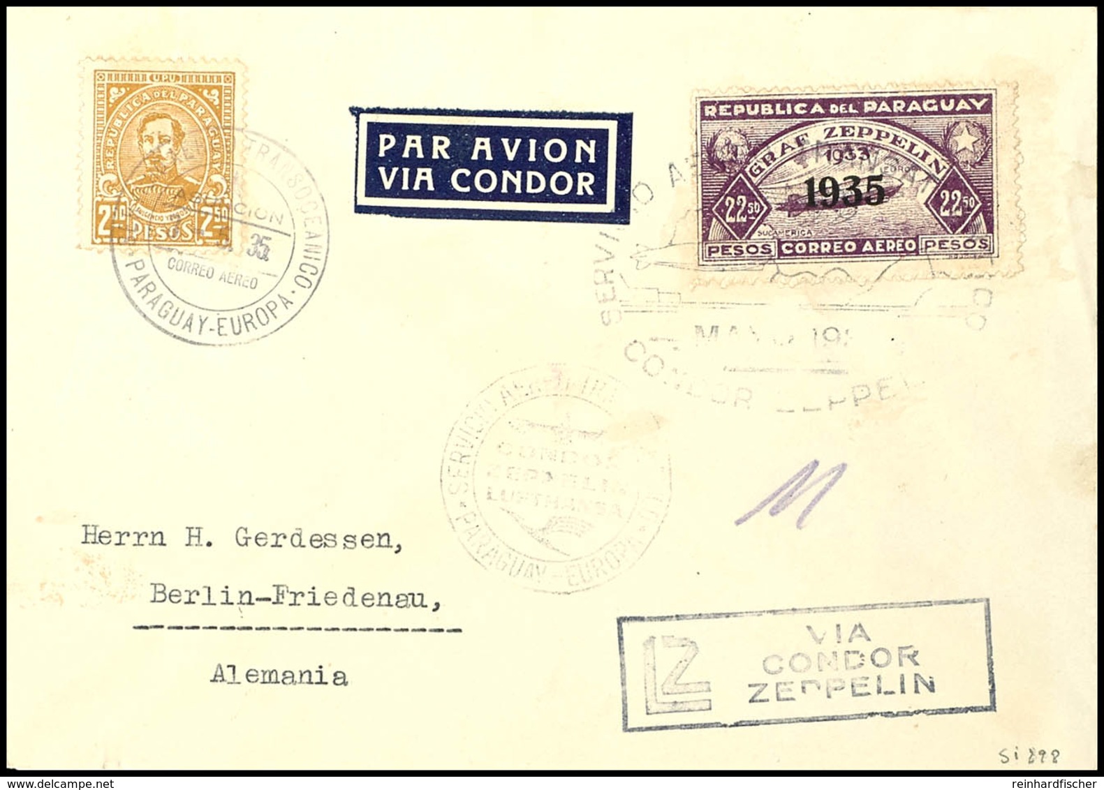 7220 1935, 3. Südamerikafahrt, Paraguayische Post, Brief Mit U.a. 22,50 P. Zeppelinmarke 1935 Sowie Allen Stempeln Nach  - Sonstige & Ohne Zuordnung