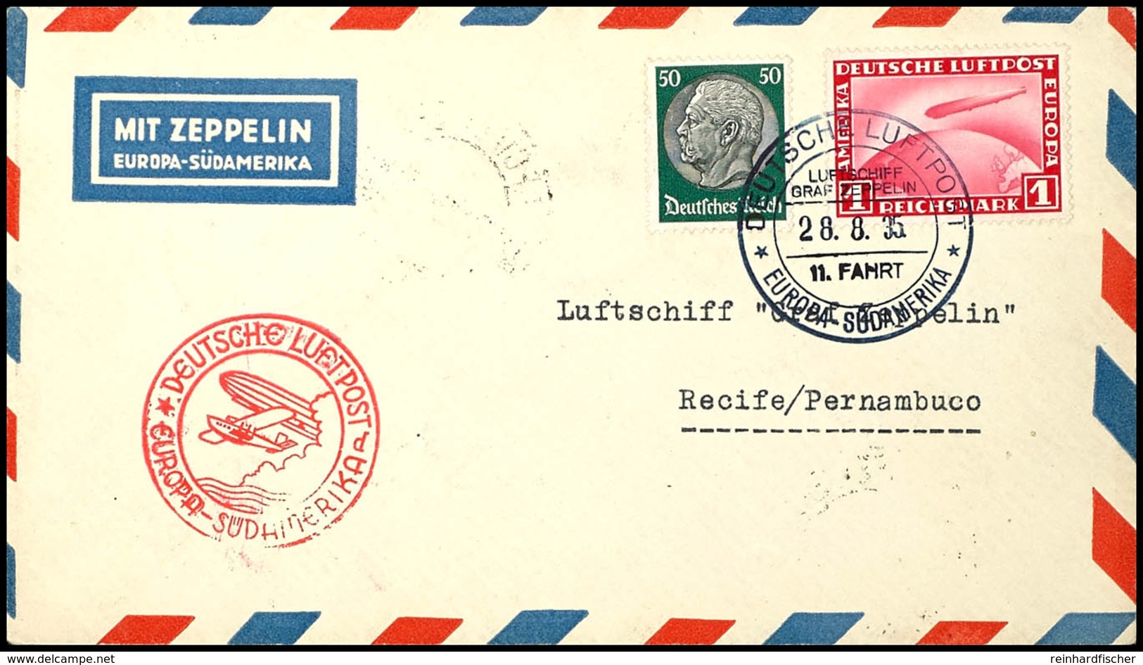 7227 1935, 11. Südamerikafahrt, Bordpost Vom 28.8., Brief Mit U.a. 1 RM Zeppelin Bei Recife Mit Allen Stempeln, Pracht,  - Andere & Zonder Classificatie