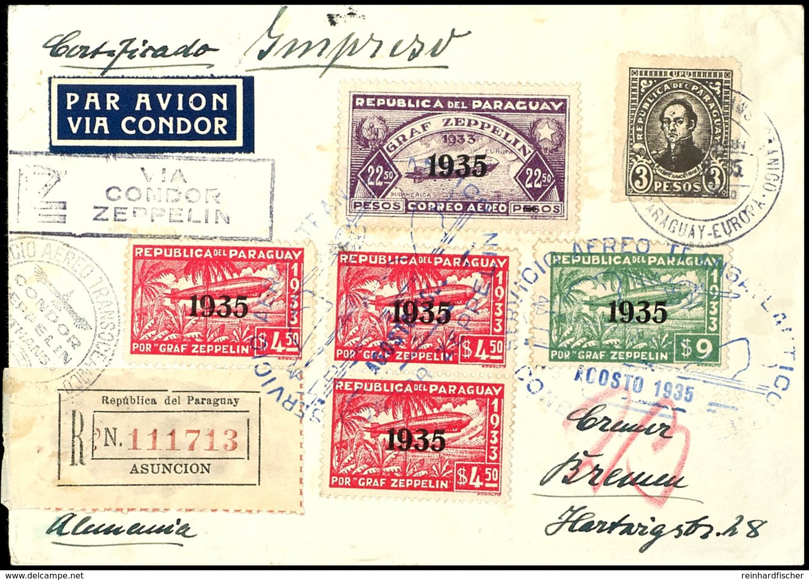 7228 1935, 11. Südamerikafahrt, Paraguayische Post, R-Brief Mit U.a. 4.50 P. (3), 9 P. Und 22,50 P. Zeppelinmarken 1935  - Sonstige & Ohne Zuordnung