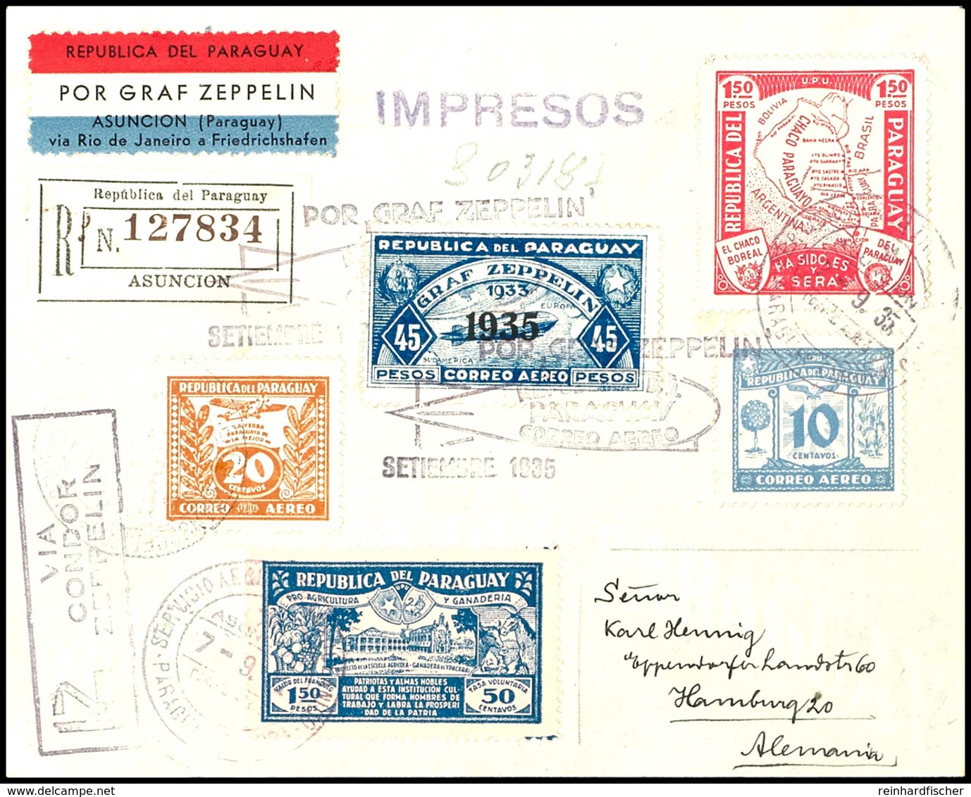 7229 1935, 12. Südamerikafahrt, Paraguayische Post, R-Brief Mit U.a. 45 P. Zeppelinmarke 1935 Sowie Allen Stempeln Nach  - Other & Unclassified