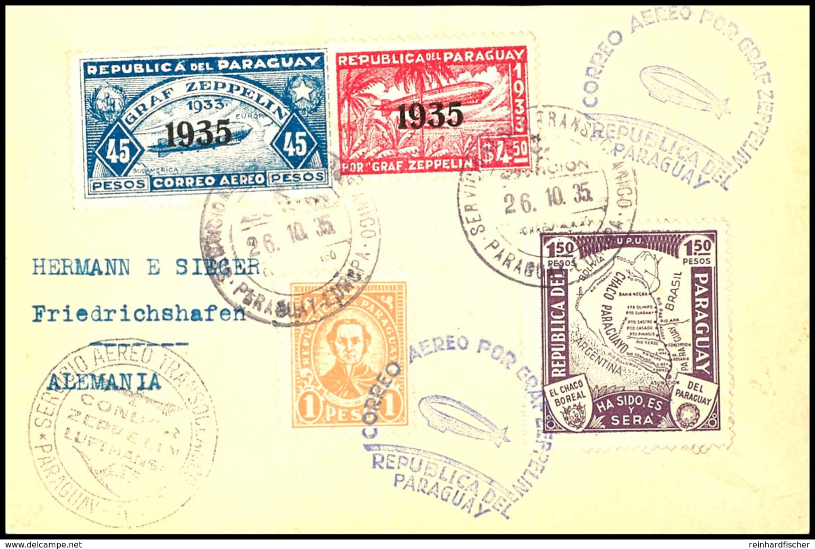 7232 1935, 15. Südamerikafahrt, Paraguayische Post, Karte Mit U.a. 4,50 P. Und 45 P. Zeppelinmarken 1935 Sowie Allen Ste - Andere & Zonder Classificatie