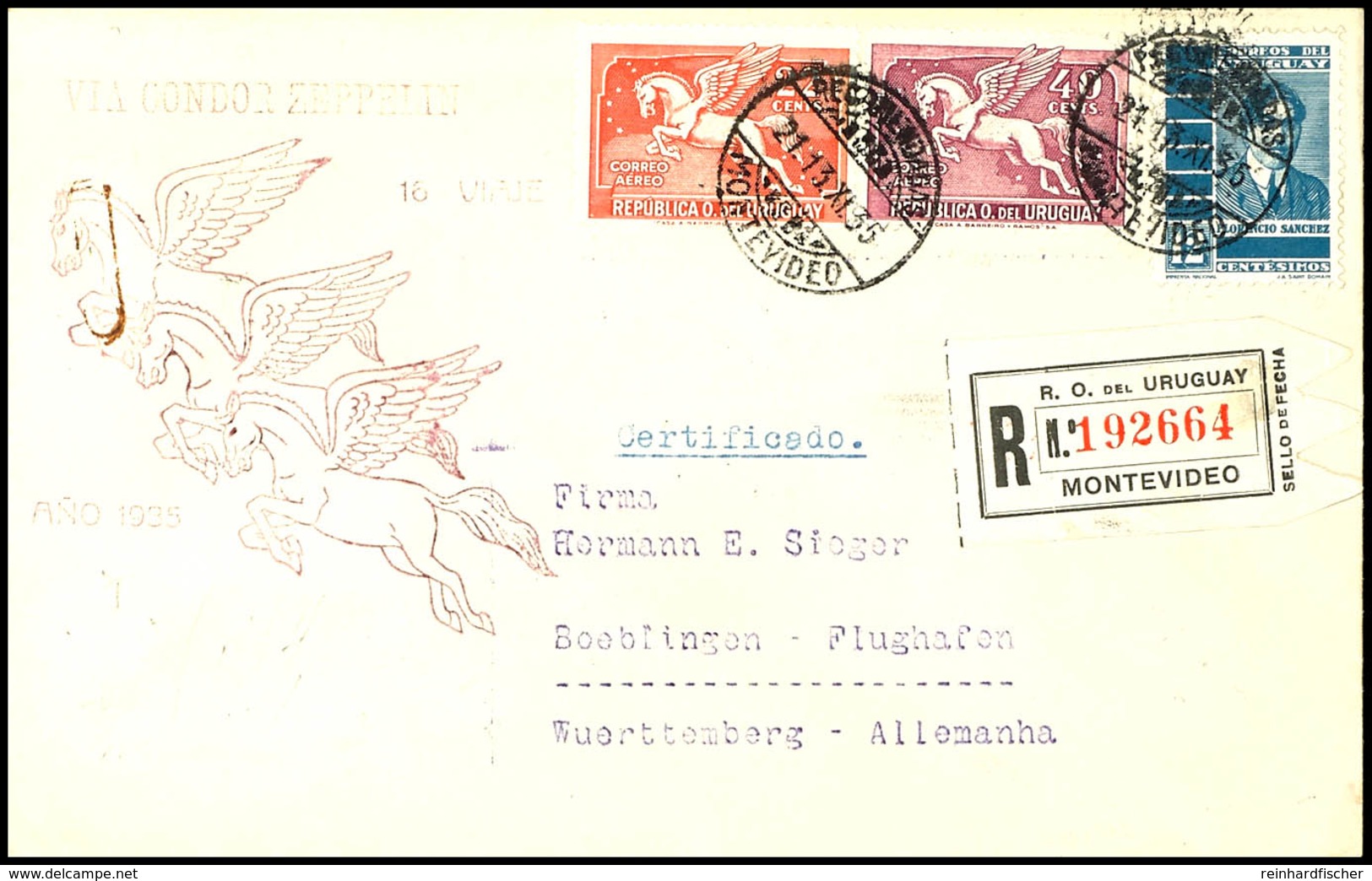 7235 1935, 16. Südamerikafahrt, I. Pendelfahrt, Uruguayische Post, R-Brief Mit U.a. Flugpostfrankatur Und Agenturstempel - Other & Unclassified