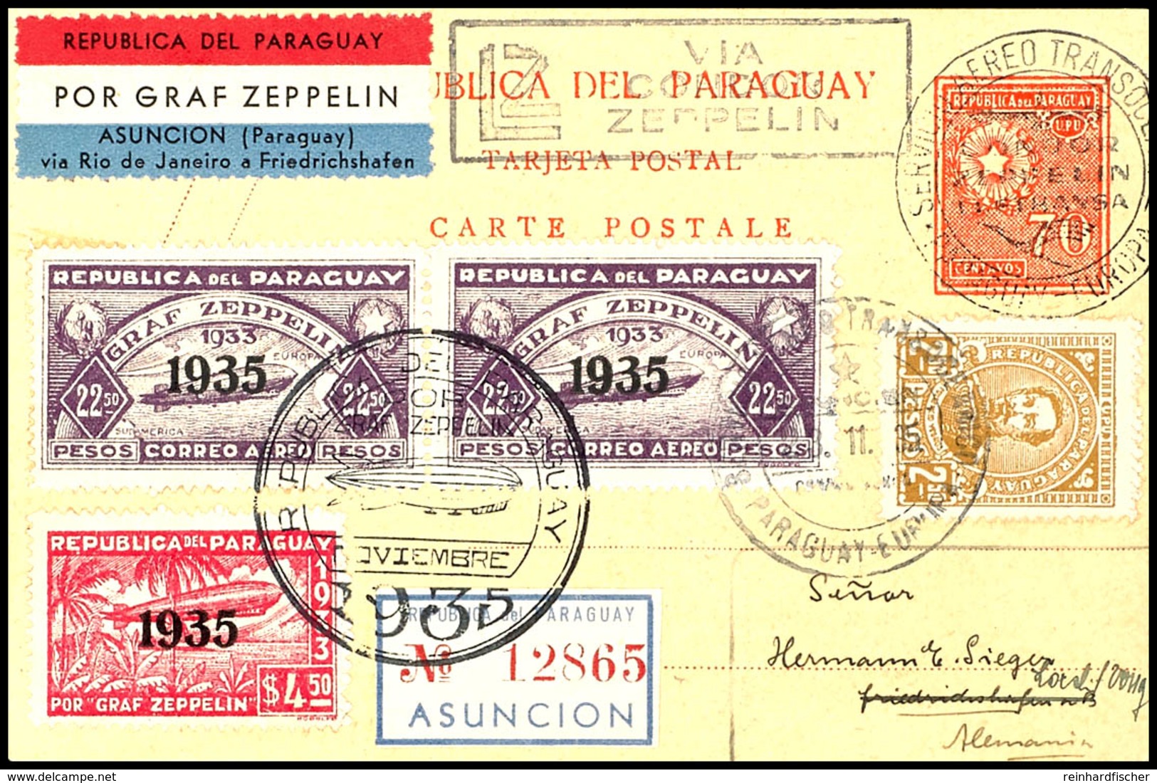 7238 1935, 16. Südamerikafahrt, III. Pendelfahrt, Paraguayische Post Mit Best.-Stempel Type 3, R-Ganzsache Mit U.a. 4,50 - Andere & Zonder Classificatie