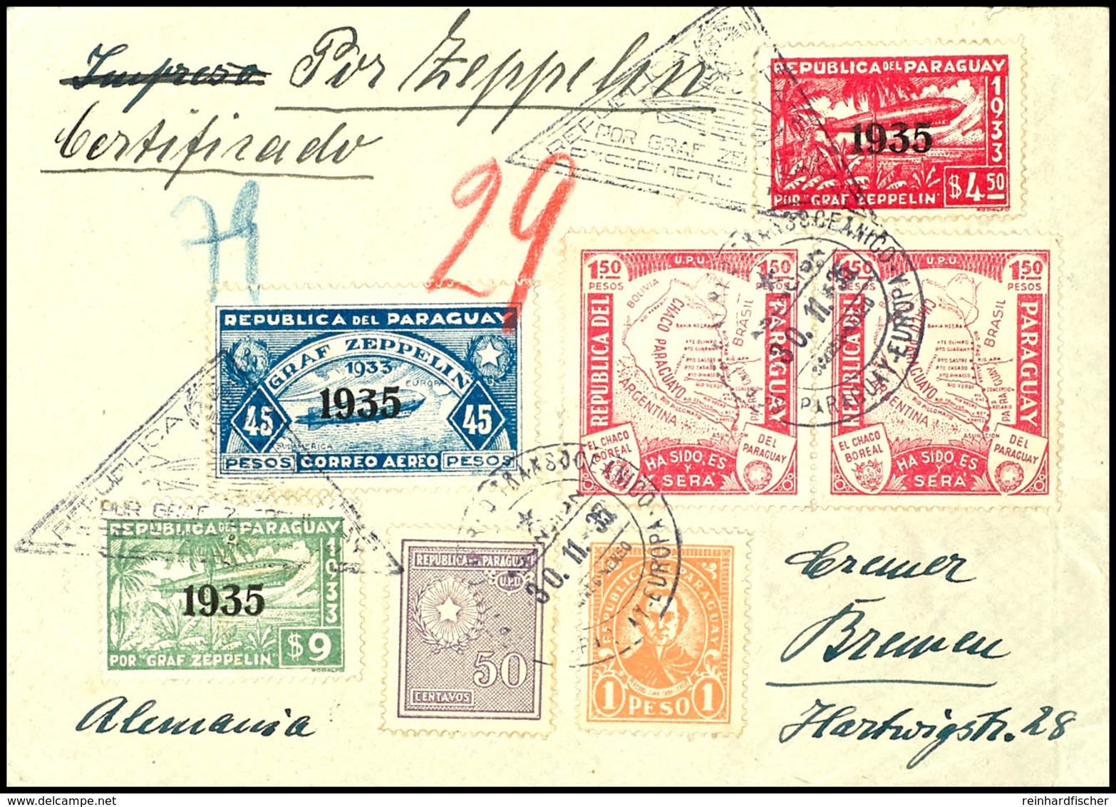 7239 1935, 16. Südamerikafahrt, III. Pendelfahrt, Paraguayische Post Mit Best.-Stempel Type 4, R-Brief Mit U.a. 4.50 P., - Sonstige & Ohne Zuordnung