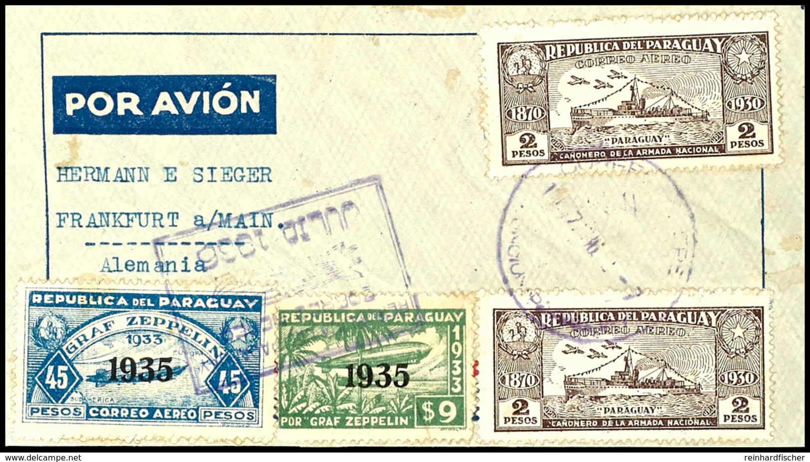 7241 1936, 8. Südamerikafahrt, Paraguayische Post, R-Brief Mit U.a. 9 P. Und 45 P. Zeppelinmarken 1935 Sowie Allen Stemp - Sonstige & Ohne Zuordnung