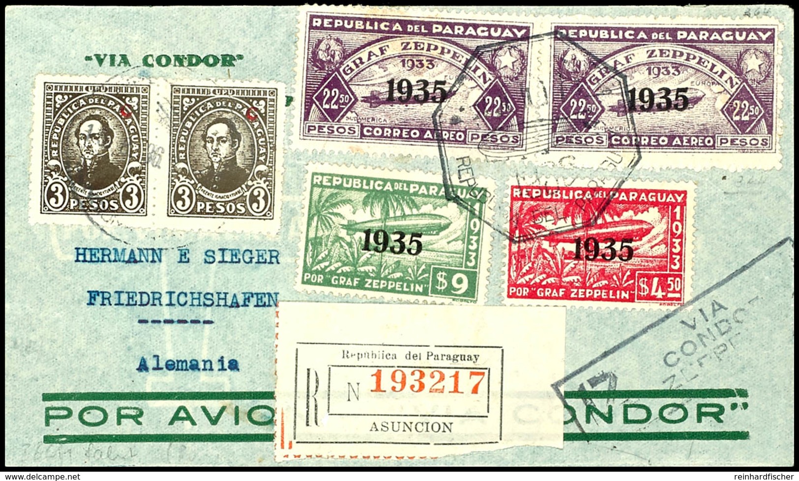 7242 1936, 11. Südamerikafahrt, Paraguayische Post, R-Brief Mit U.a. 4,50 P., 9 P. Und 22,50 P. (2) Zeppelinmarken 1935  - Sonstige & Ohne Zuordnung