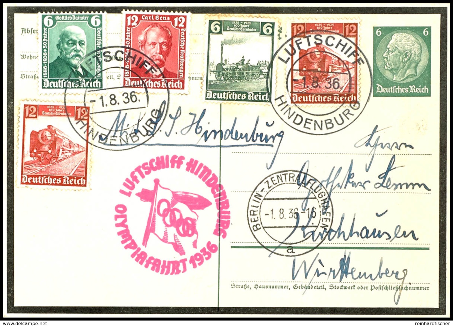 7252 1936, Olympiafahrt, Bordpost, 6 Pfg. Ganzsachenkarte Mit Zufrankatur, Alle Stempel Vorderseitig, Ein Werte Etwas Fl - Sonstige & Ohne Zuordnung