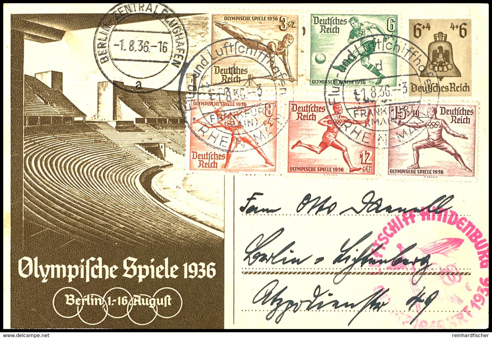 7255 1936, Olympiafahrt, Auflieferung Frankfurt, 6 Pfg. Sonder-Ganzsachenkarte Mit Fünf Weiteren Sondermarken Und Text,  - Sonstige & Ohne Zuordnung