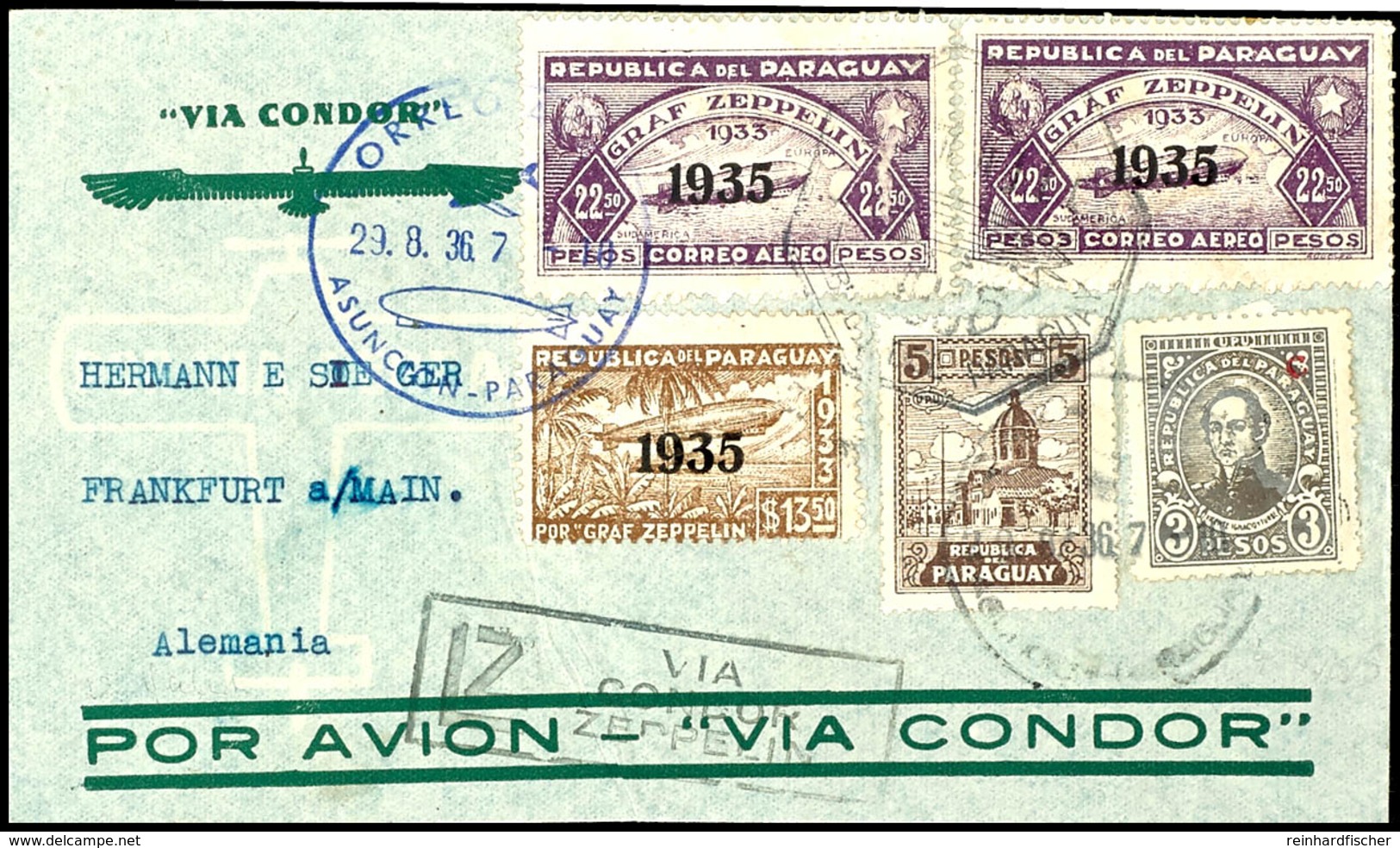 7258 1936, 12. Südamerikafahrt, Paraguayische Post, R-Brief Mit U.a. 13,50 P. Und 22,5 P. (2) Zeppelinmarken 1935 Sowie  - Andere & Zonder Classificatie