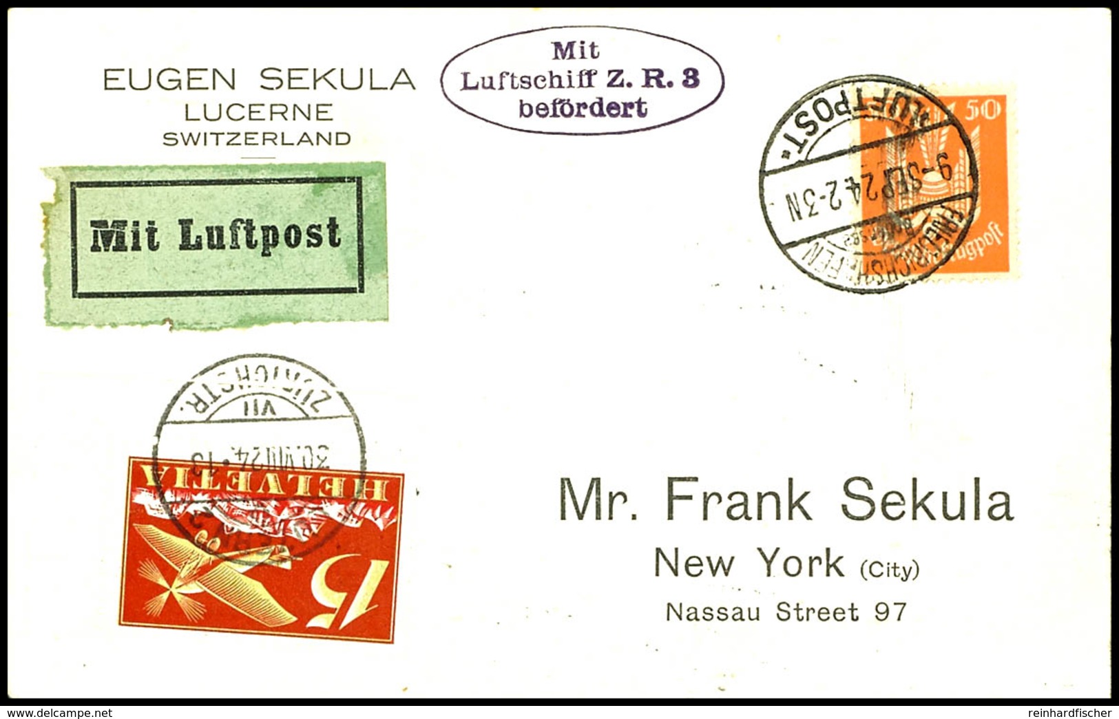 7260 Schweiz: 1924, 1. Fahrt Eines Zeppelin In Die USA, Sekula-Karte Mit 20 C. Flugpost Und Stempel LUZERN 2 20.VIII Und - Sonstige & Ohne Zuordnung