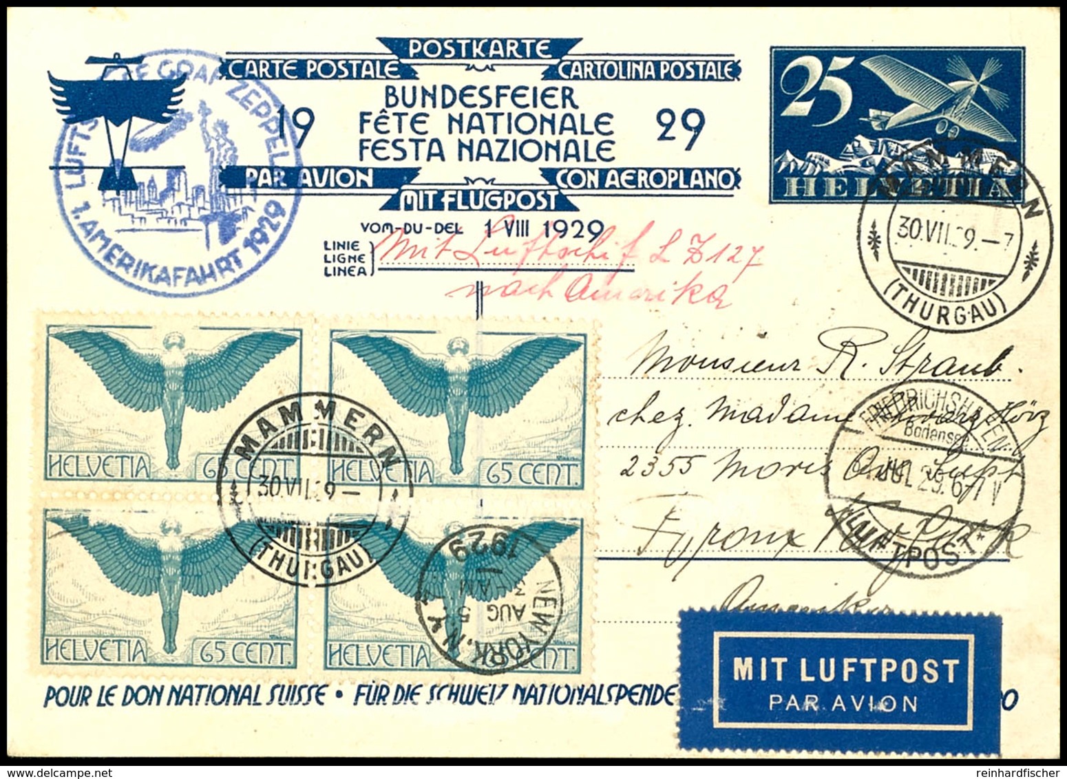 7264 Schweiz: 1929, 1. Amerikafahrt, Auflieferung Friedrichshafen Ohne Verzögerungsstempel, 25 C. Flugpost-Sonderganzach - Andere & Zonder Classificatie