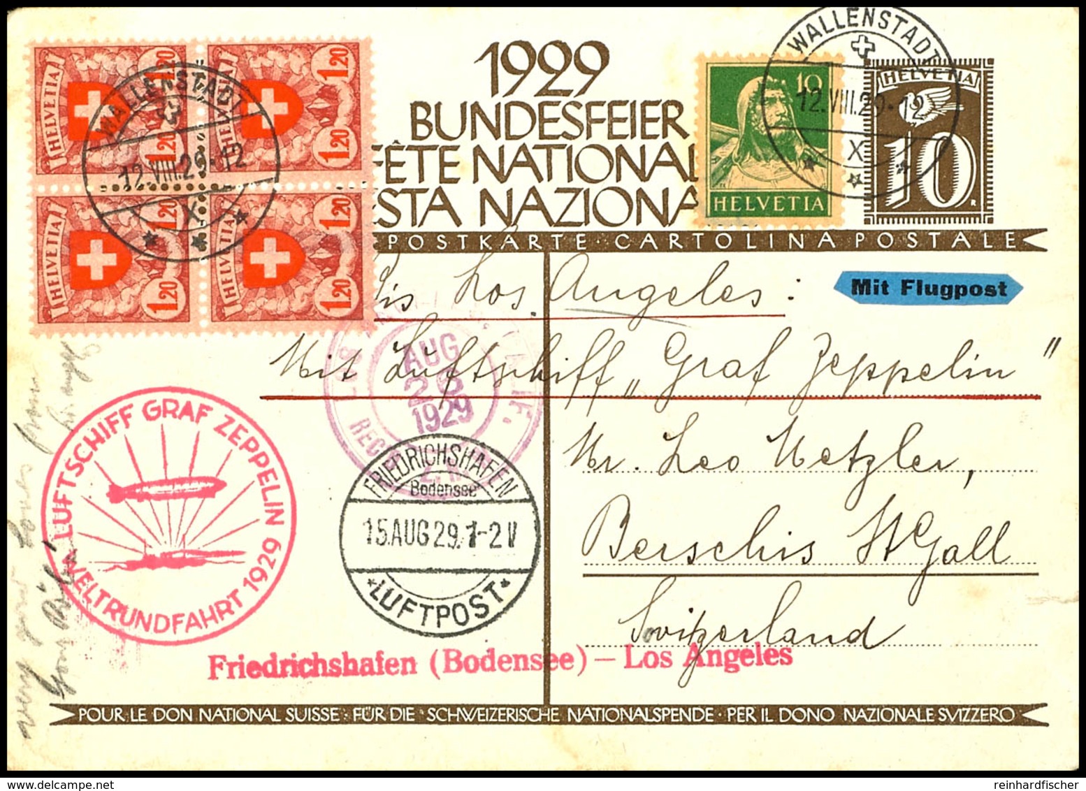 7267 Schweiz: 1929, Weltrundfahrt, Friedrichshafen - Los Angeles, 10 C. Bundesfeier-Ganzsachenkarte Mit Zufrankatur Aus  - Sonstige & Ohne Zuordnung