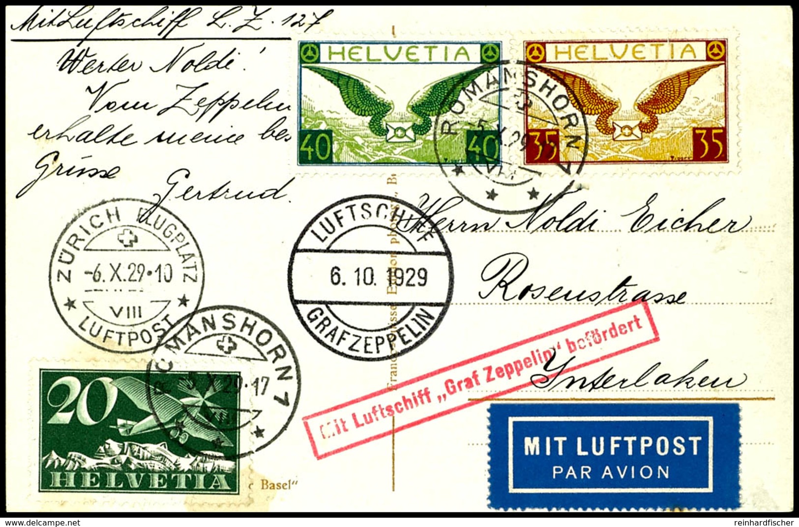 7269 Schweiz: 1929, 5. Schweizfahrt Mit Abwurf Zürich-Flugplatz, Fotokarte Aus ROMANSHORN 5.X. Mit Flugpostfrankatur Und - Other & Unclassified