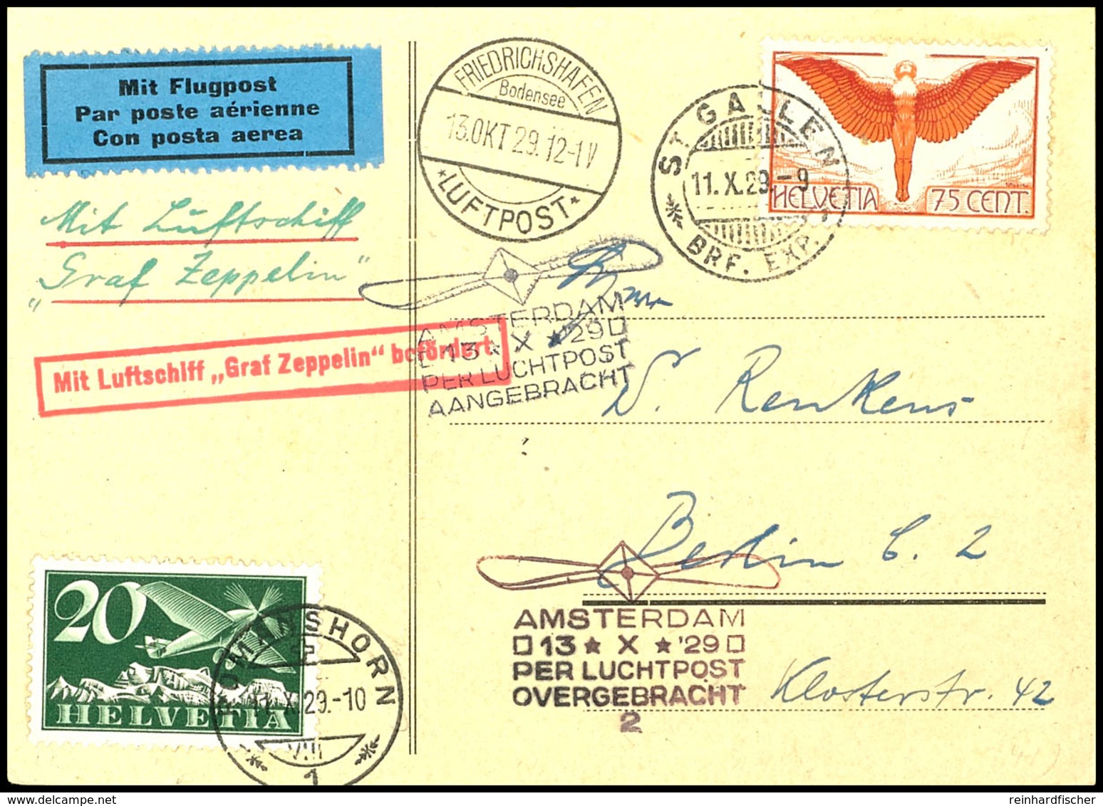 7270 Schweiz: 1929, Hollandfahrt, Auflieferung Friedrichshafen Mit Abwurf Amsterdam, Karte Aus ST.GALLEN 11.X. Mit Flugp - Other & Unclassified