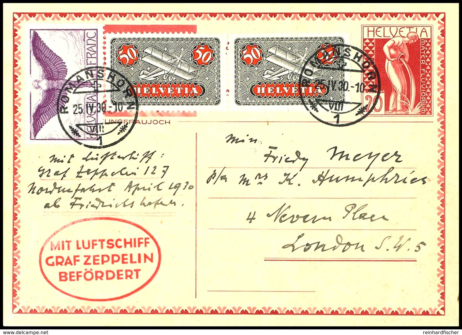 7275 Schweiz: 1930, Englandfahrt, Auflieferung Friedrichshafen , 20 C. Ganzsachenkarte Mit Flugpost-Zufrankatur Aus ROMA - Other & Unclassified