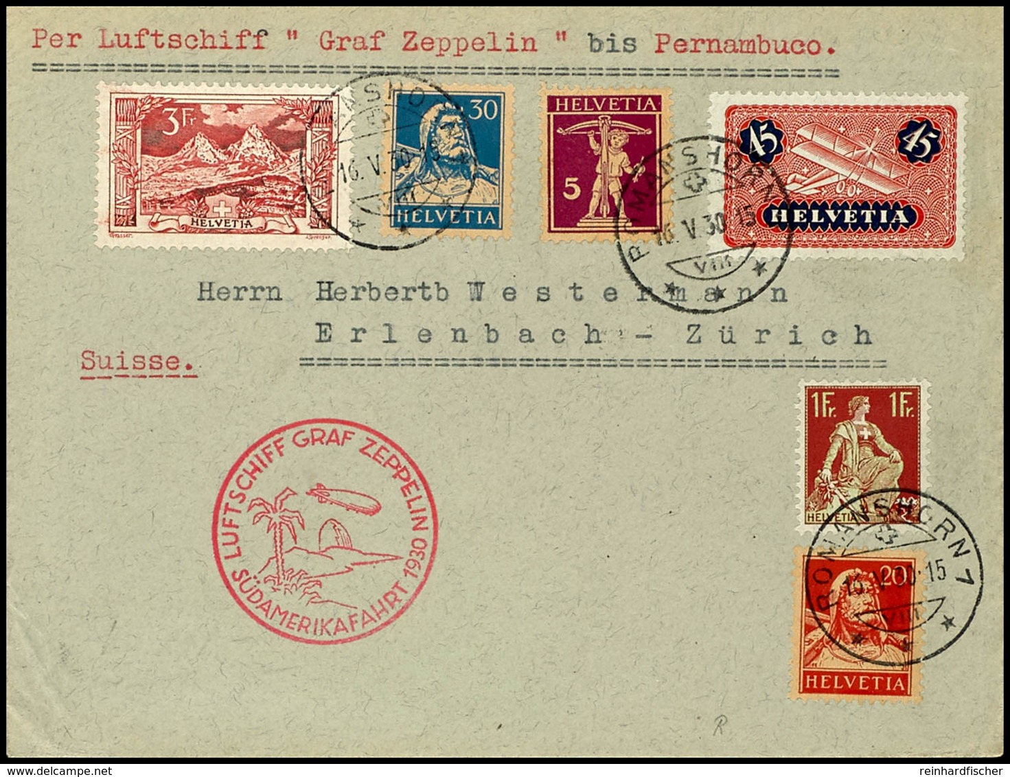 7277 Schweiz: 1930, Südamerikafahrt, Auflieferung Friedrichshafen Bis Pernambuco, Brief Aus ROMANSHORN 16.V. Mit Hoher F - Other & Unclassified