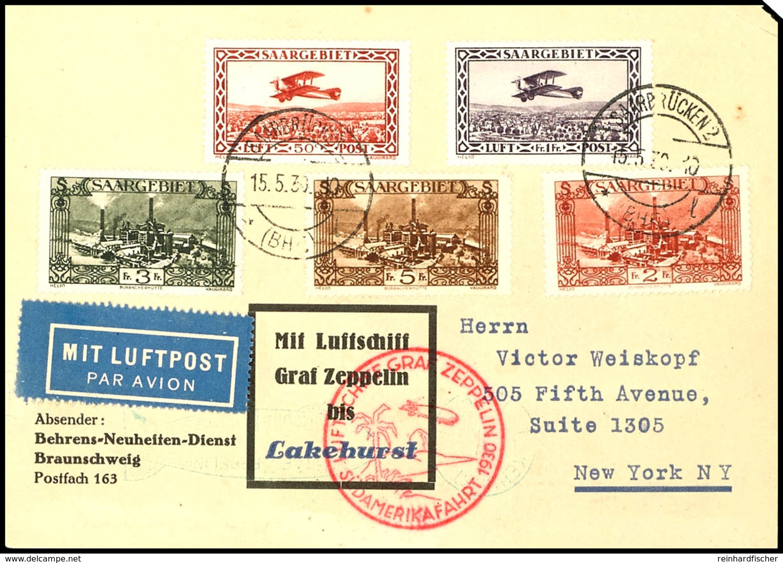 7280 Saarland: 1930, Südamerikafahrt, Auflieferung Friedrichshafen Bis Lakehurst, Vordruckkarte Mit Beidseitiger Guter F - Other & Unclassified